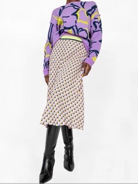 Tanya Taylor Lavender and Yellow Graphic Knit Top with Patterned Midi Skirt